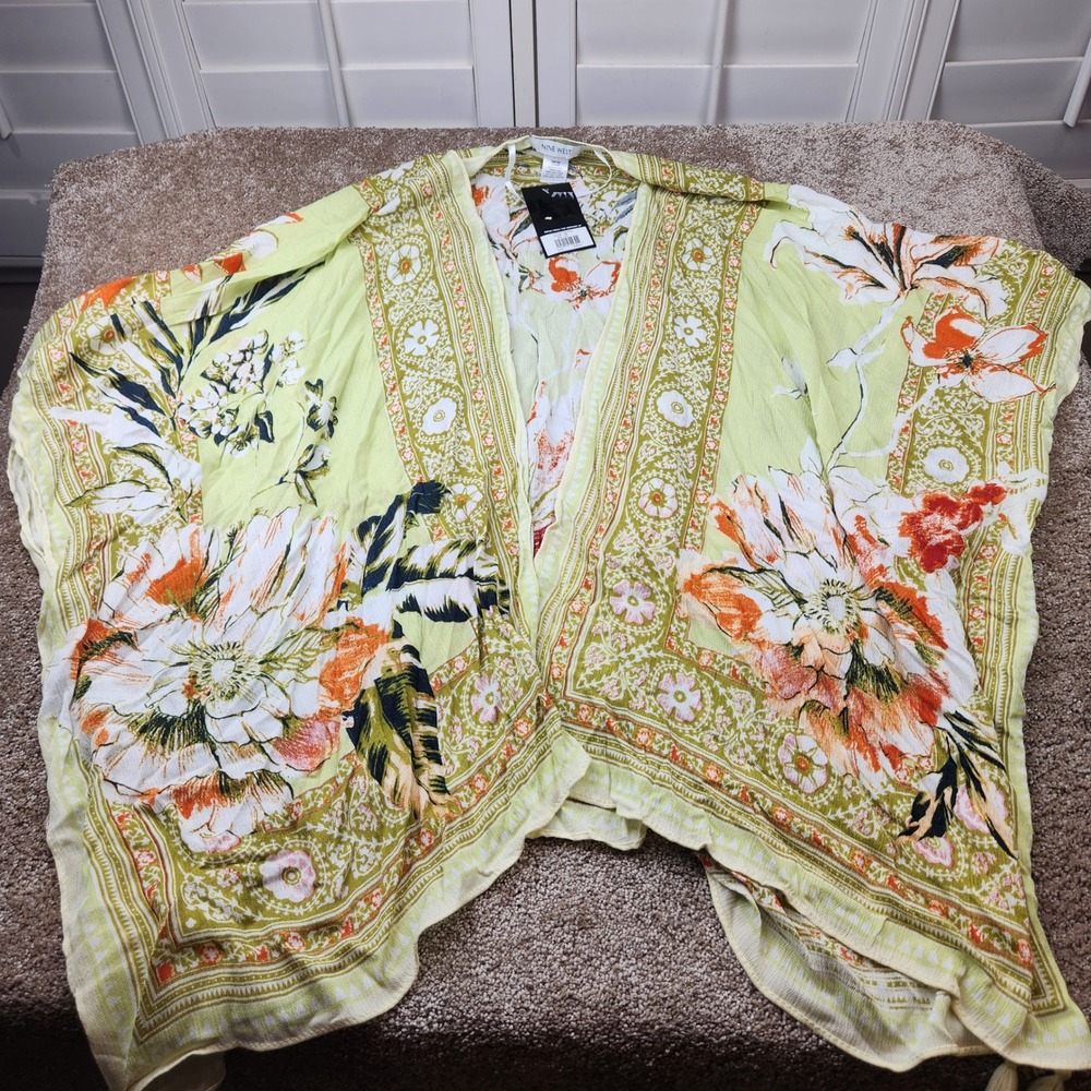 Nine West Floral Kimono Wrap Lime Green Orange Botanical Open Front O/S N4612405